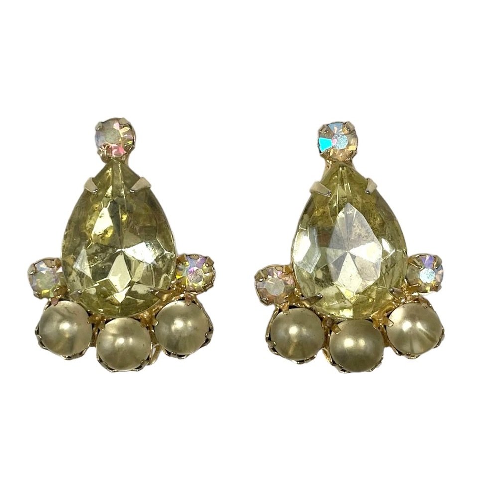 Vintage GARNE Clip On 7 Yellow Amber Stone Gold Tone Earrings